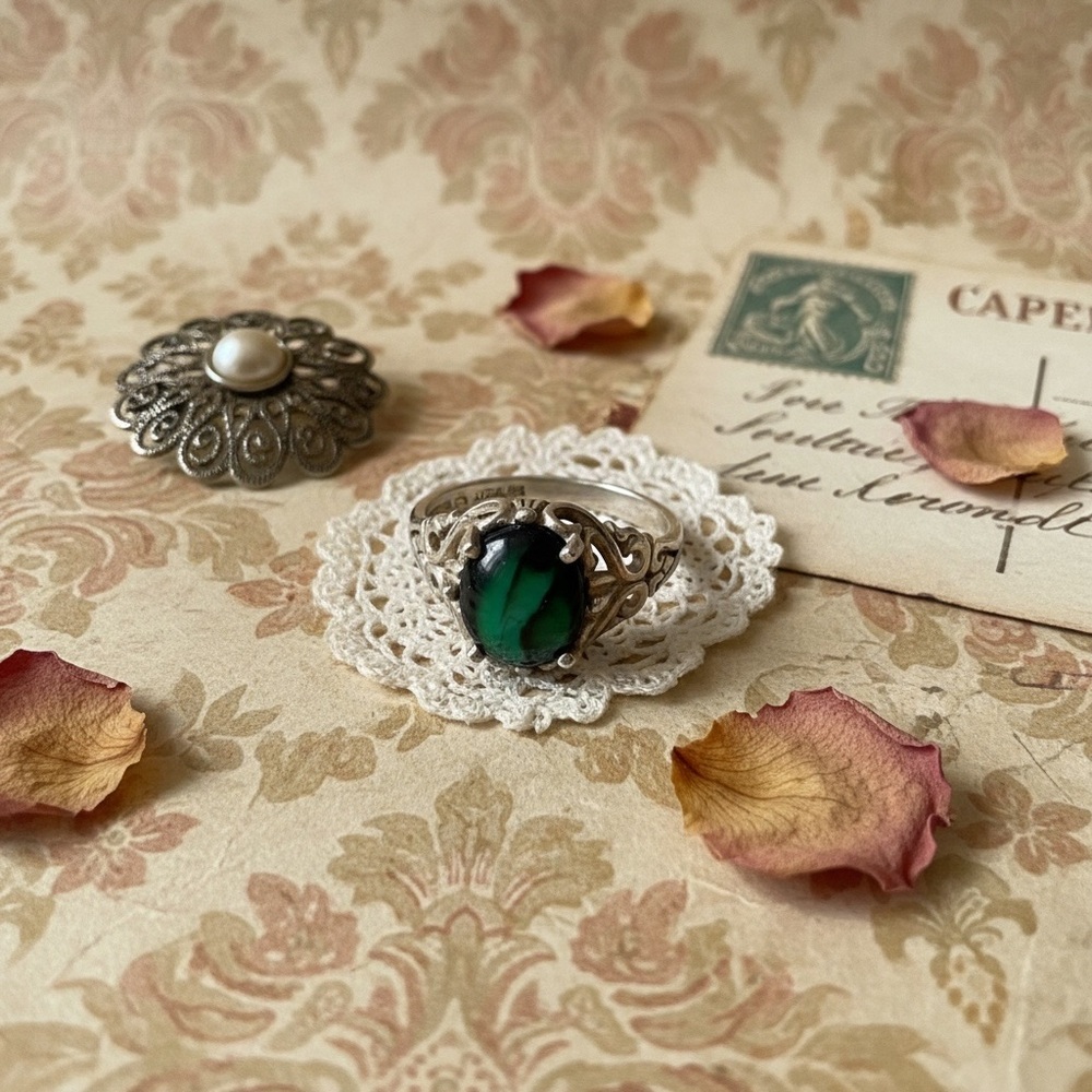 Vintage-Inspired Silver Ring with Green Stone